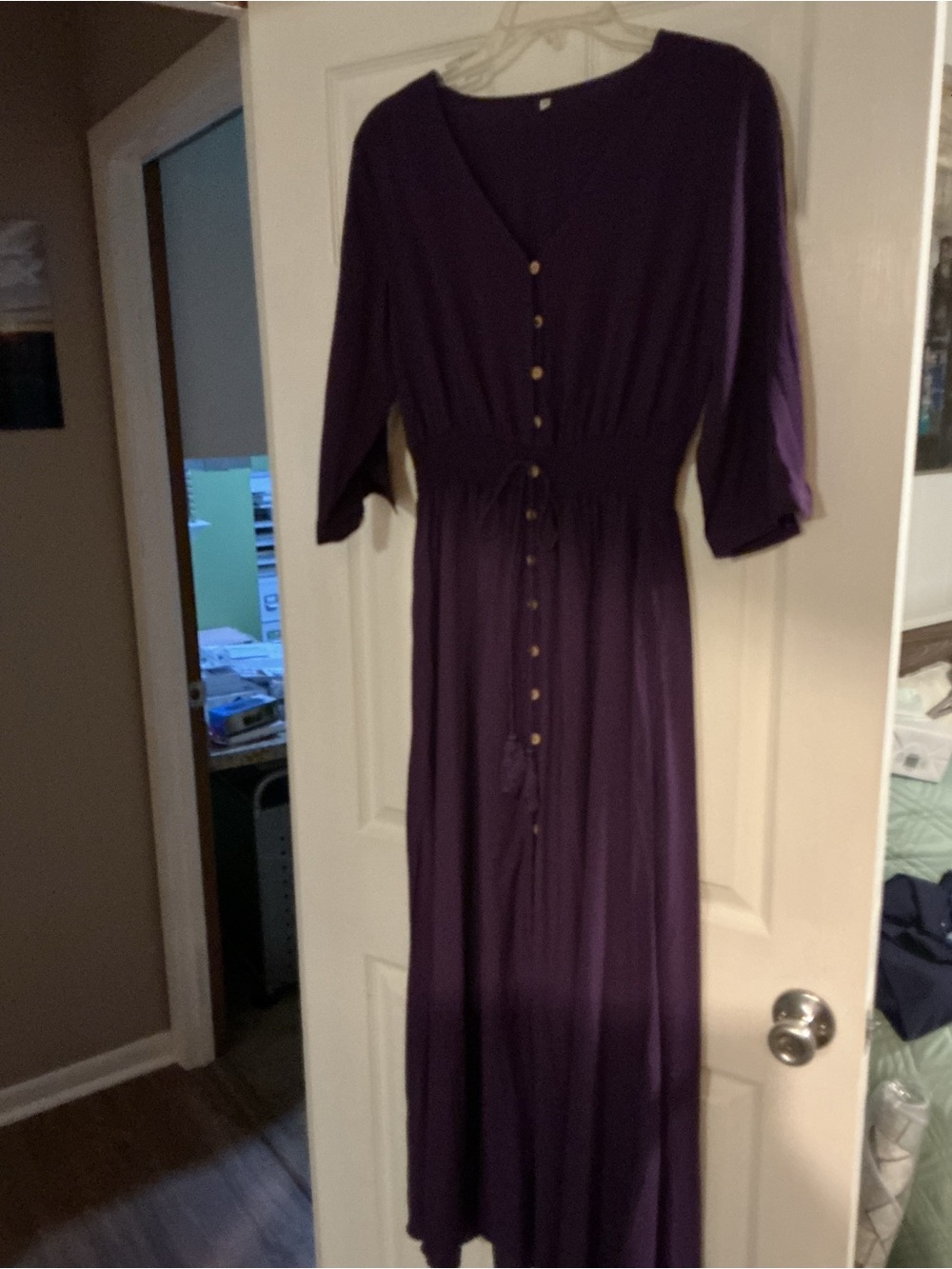 Purple Button-Front Maxi Dress with Tie Waist